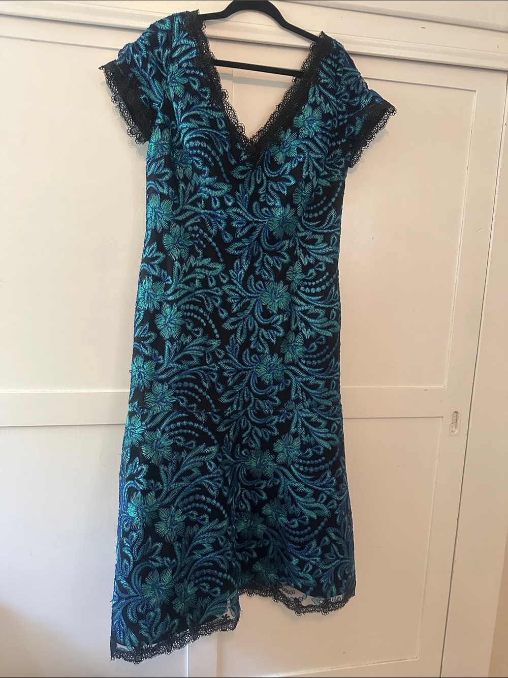 JS Collections Black Dress with Teal Floral Lace V-Neck